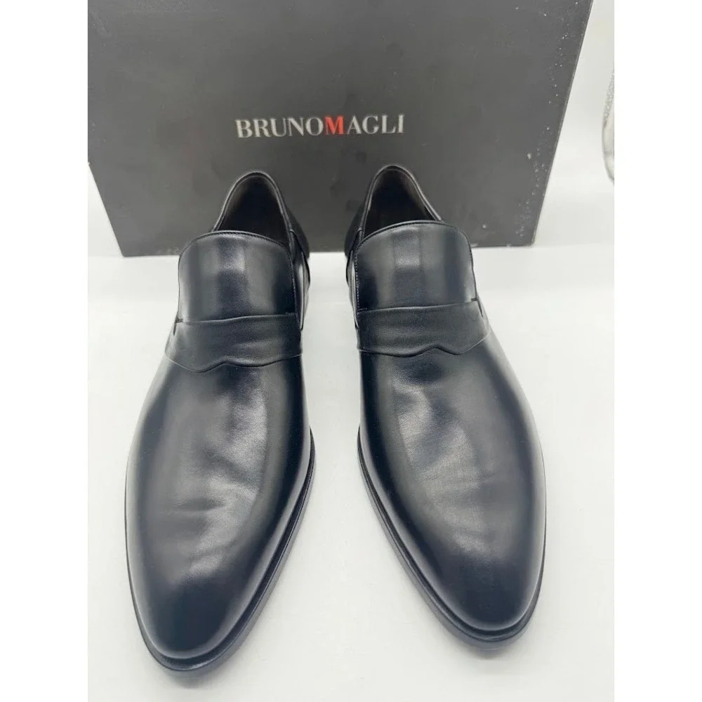 Bruno Magli Mens Black Leather Loafers Italian Hand Made Slip On Shoes 7.5 M